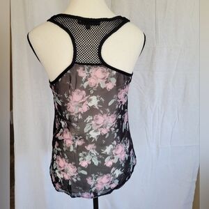 Workshop black high low arrow front print sheer rose print back racerback S